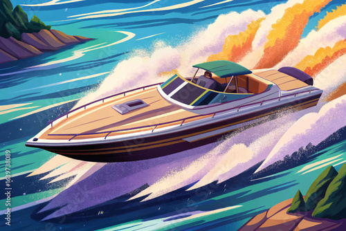 speedboat turquoise ocean, boat wake, tropical seascape, marine travel, sea adventure, coastal scenery, fast boat, water sports