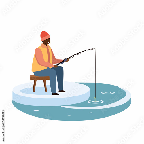 Vector Flat Minimalis design of a man ice fishing. Vector Flat illustration of a winter hobby on ice.