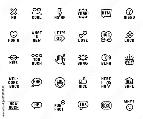 Social Media Slang Bubbles icon set. Chat vector icons pack. Includes No, Cool, Asap, Yeah, Btw, Miss you, Love, Hug, Lol and more. Editable speech bubbles.
