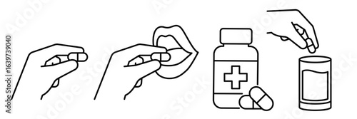 Taking or eating a pill icon set. Sick people takes a pill or supplement or vitamin. Hand putting a pill into the a glass of water. Put a pill in the mouth. Vector Illustration.