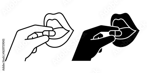 Taking or eating a pill icon set. Sick people takes a pill or supplement or vitamin. Hand putting a pill into the a glass of water. Put a pill in the mouth. Vector Illustration.