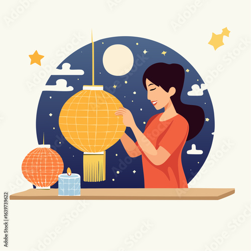 A woman creating a paper lantern for a night festival