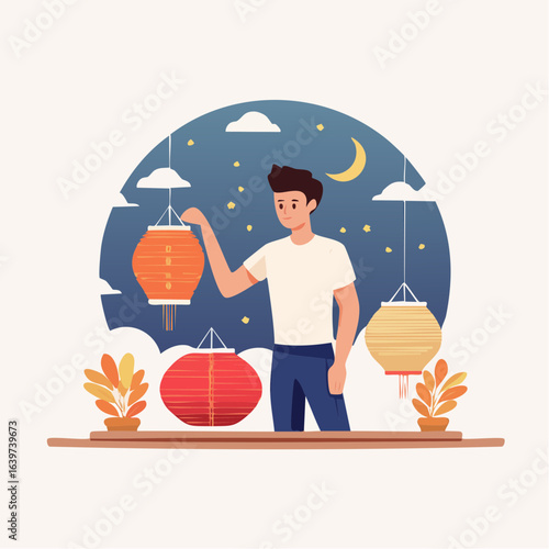 Vector Flat Minimalis design of a man hanging traditional lanterns for a festival at night. Vector Flat.
