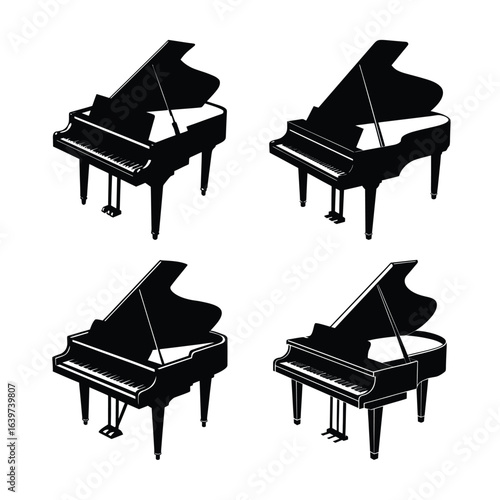 Four Grand Pianos in a Black and White Grid Pattern
