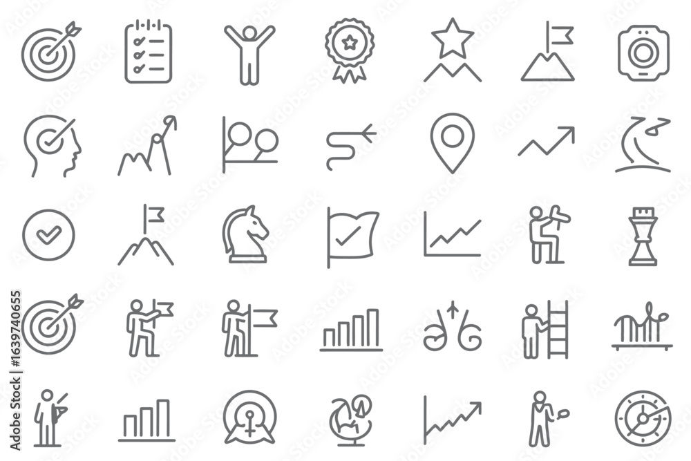 Fototapeta premium UntitledVector art of line art icons representing business goals, strategy, and success isolated on white background, showcasing targets, achievements, and planning for effective leadership and growth
