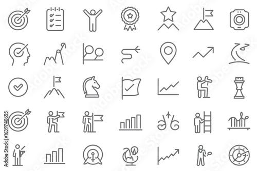 UntitledVector art of line art icons representing business goals, strategy, and success isolated on white background, showcasing targets, achievements, and planning for effective leadership and growth