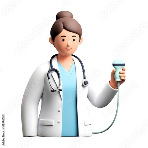Friendly 3D female doctor holding an ultrasound transducer. Medical professional character for healthcare and diagnostic imaging.
