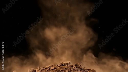 Dramatic Shot of Falling Debris and Dust Cloud Against a Black Background, Evocative Image of Collapse and Destruction with Particles in Motion