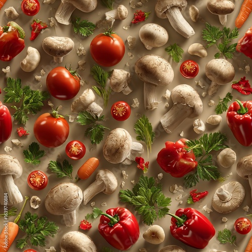 Colorful medley of fresh vegetables and mushrooms scattered on a tan background creating a random pattern