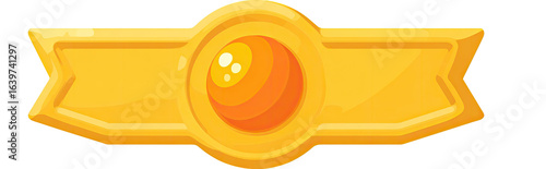 Gold award ribbon with a central, orange/yellow orb