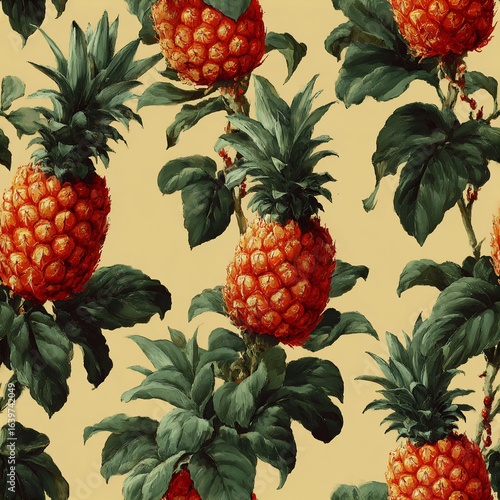 Dense pineapple arrangement on a pale yellow backdrop, reminiscent of vintage wallpaper/fabric design