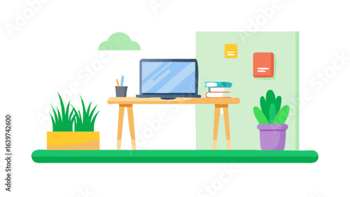 Illustration of a workspace with a laptop, plants, books and stationery on a wooden desk area scene
