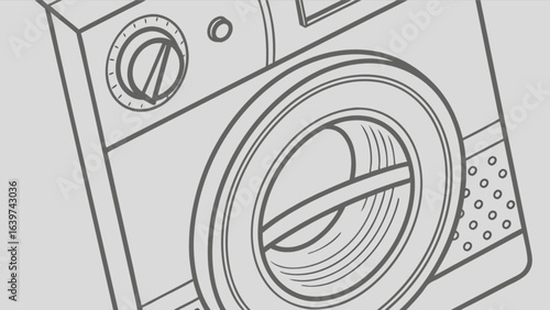 A close up line drawing of a front loading washing machine with a control dial and vent holes