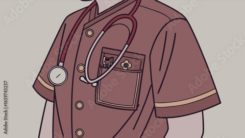 Illustration of a person wearing a brown uniform with a stethoscope around their neck and a pocket on it