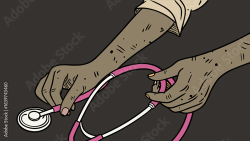 Hands holding a pink stethoscope against a dark background in a cartoon style illustration
