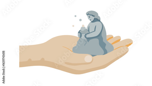 A woman embracing a pile of rocks while sitting on a hand in a gentle and caring illustration