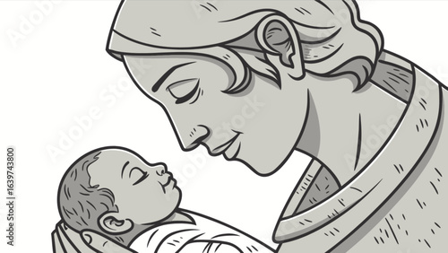 Illustration of a mother tenderly holding her newborn baby in her arms with a loving expression
