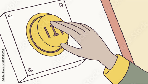A hand presses a large yellow button with three brown lines on a white box in a cartoon style image