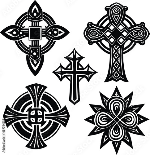 Vintage floral black Celtic cross vector illustration set with decorative religious symbols and patterns ,geometry ,symbolic, background, texture