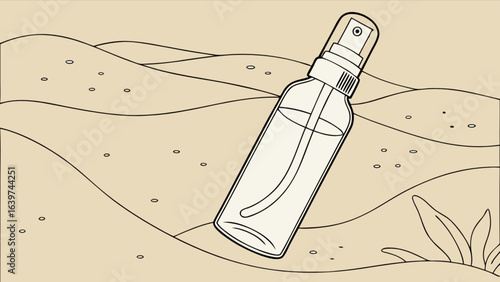 Illustration of a spray bottle on a sandy surface with dunes and sparse vegetation in a desert scene