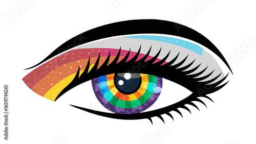 Illustration of a human eye with rainbow colored iris and eyeshadow and long black eyelashes