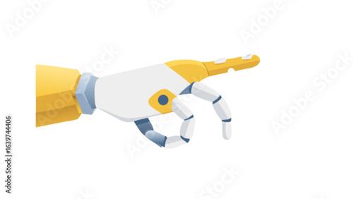 A futuristic robotic hand with yellow and white design pointing towards the right side of the image