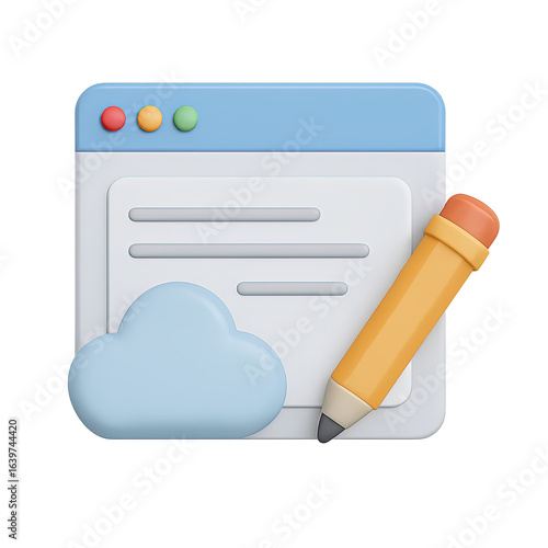 Isolate transparent cloud collaboration file editing window 3D icon, cloud collaboration file editing interface for teamwork, PNG die-cut for advertising