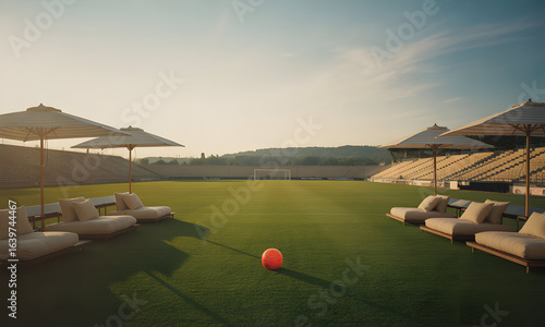Bola merah di lapangan sepak bola Serene morning light illuminates an empty sports stadium transformed into a luxurious outdoor lounge area