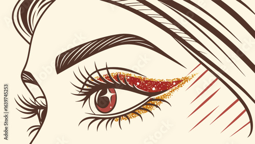 Close up artistic rendering of a woman's eye with red and gold glitter eyeshadow and dark brown hair