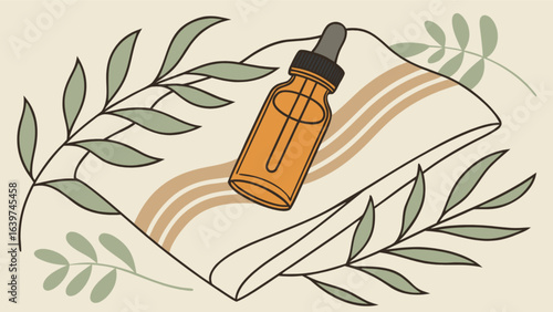 Aesthetic composition of essential oil bottle on striped cloth with surrounding plant leaves art