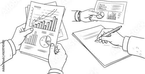 Hand-drawn illustration of business analysis with hands holding charts and making notes.