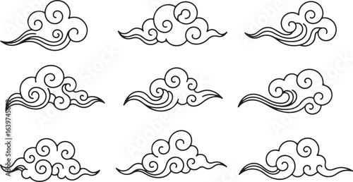 Set of Chinese cloud illustration in black and white, a decorative element