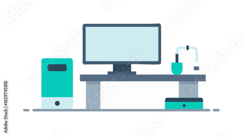 Illustration of a computer setup with a monitor, pc tower, and desk with a lamp and small box