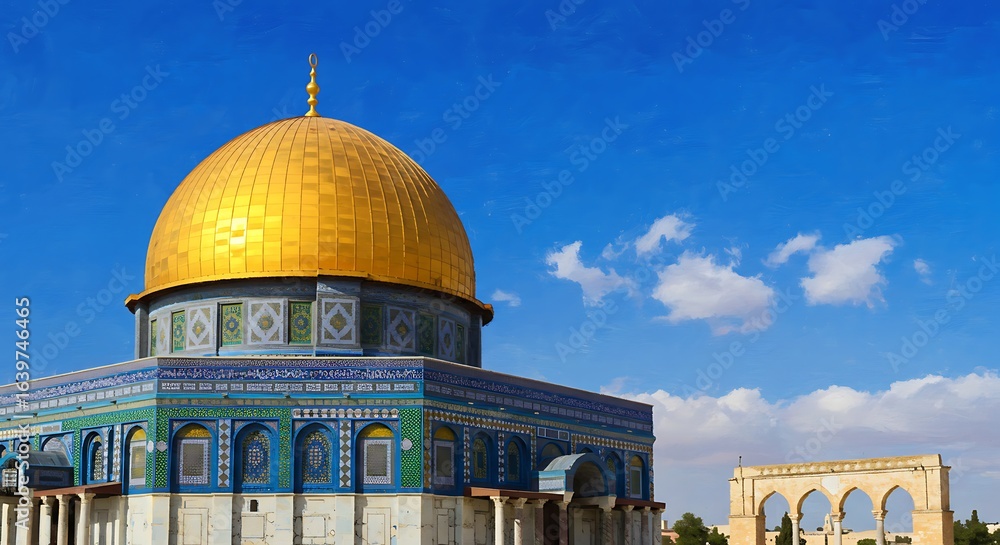 Obraz premium Vibrant Islamic Dome of the Rock, Jerusalem: Stunning gold dome, intricate blue mosaic details, clear blue sky, daytime.