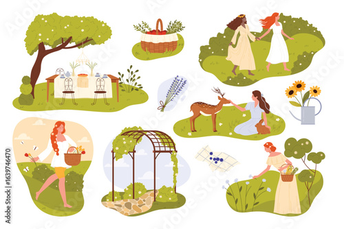 Summer village vacation scenes in rustic style set. Female characters walk, collect flowers in basket, play with deer on green grass, romantic countryside time collection cartoon vector illustration