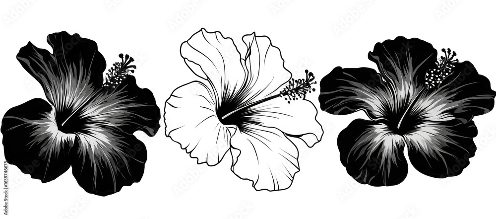 Fototapeta premium Black and white hibiscus flower illustration