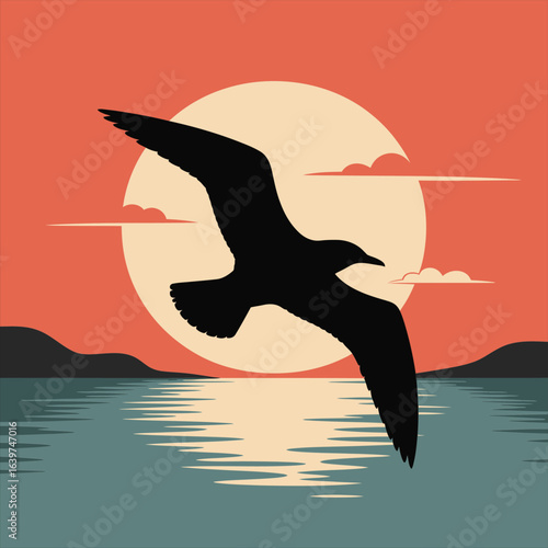 Silhouette of a seagull soaring against a vibrant sunset over the ocean