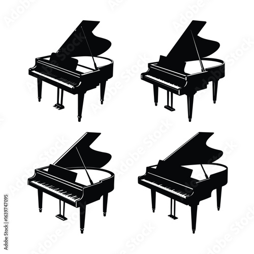 Four Black Grand Pianos in a Grid Pattern on White Background