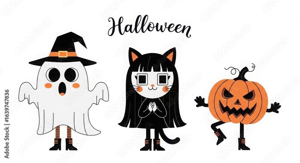 Obraz premium Black Cat and Ghost Wearing Halloween Costume in Fun Cartoon Illustration
