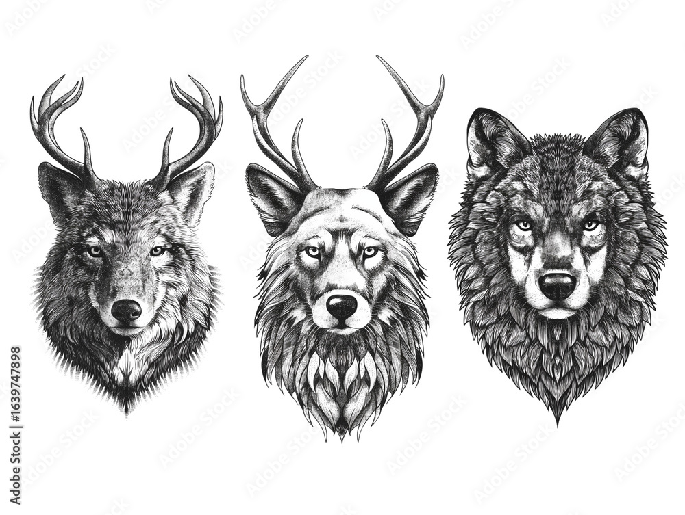 Obraz premium Wolf and Deer Hybrid Heads — Detailed Black and White Dotwork Illustration, Transparent Background PNG