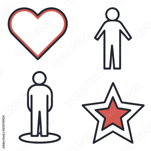 Set of four simple icons including a heart two people icons and a star