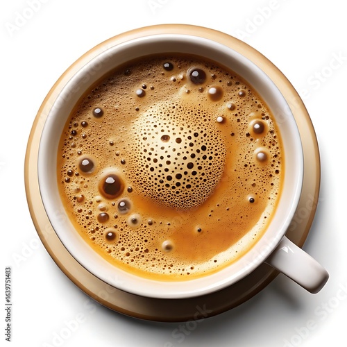 Top view of a hot coffee cup with foam and bubbles isolated on white background