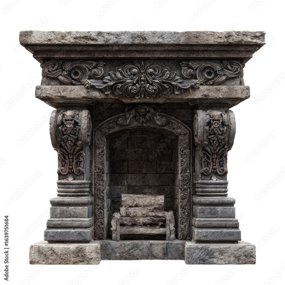 Fototapeta premium Ornate stone fireplace, detailed carvings, aged gray