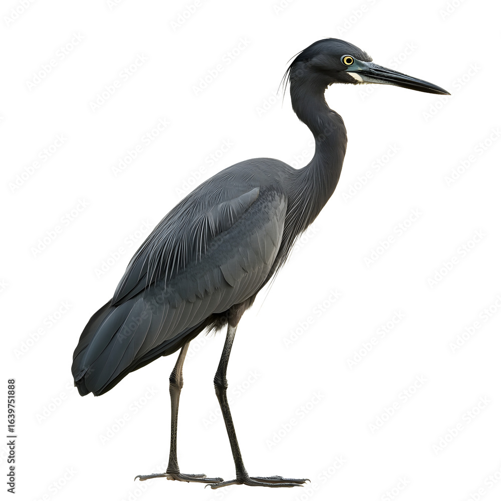 Fototapeta premium A dark grey heron with speckled feathers stands elegantly on its thin legs isolated on transparent background