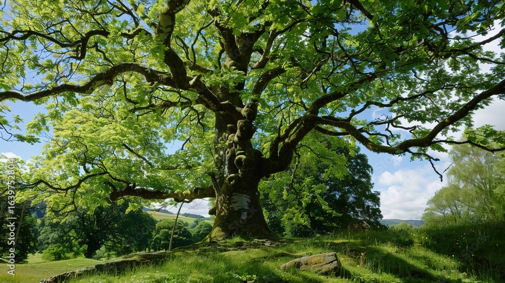 Obraz premium Majestic Sycamore Trees: Iconic Species with Large, Lobed Leaves, Smooth White Bark, and Spreading Canopies, Thriving in Urban Parks, Woodlands, and Riverbanks, Capturing Natural Beauty for Botanical 