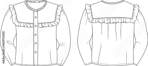 Women’s ruffle blouse fashion flat, long sleeve buttoned shirt vector template with front and back views and frill yoke detail