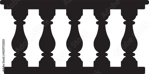 Black balustrade with ornate spindles and base railing architectural element