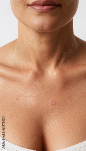 Wallpaper Mural Close up of a senior woman chest with sun spot treatment serum on plain white background Torontodigital.ca