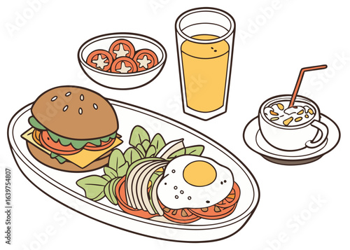 Delicious Breakfast Plate:  Burger, Fried Egg, Salad, Orange Juice, and Coffee Illustration
