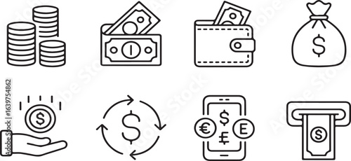 Money icons coins wallet cash bag hand receiving coin currency exchange mobile payment atm transaction